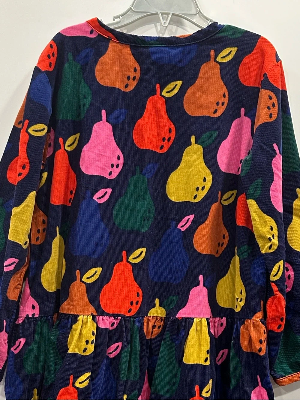 Hanna Andersson Corduroy Dress Long Sleeve Navy Colorful Pear Print Size 120 6/7